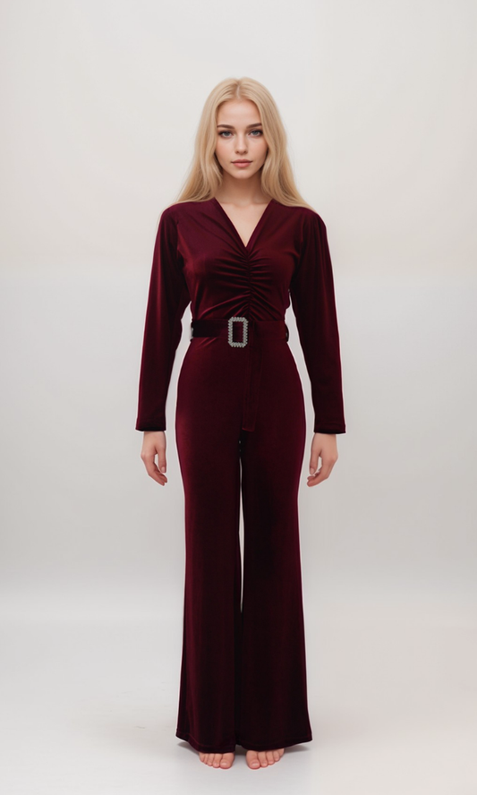 Belt Detailed Jumpsuit Burgundy