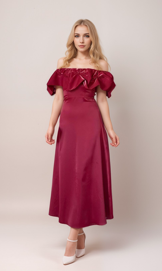 Shoulder Shirred Satin Dress